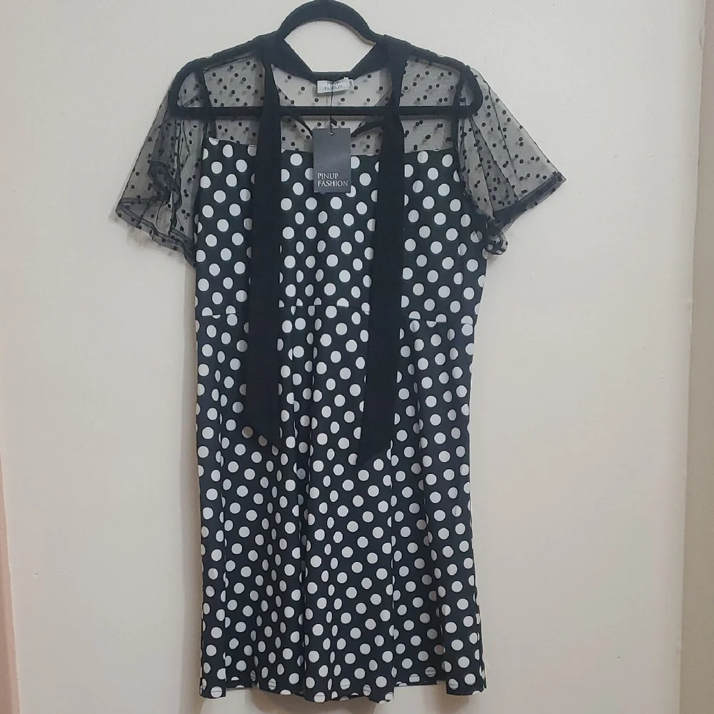 Pinup Fashion Polka Dot Dress 14W Sheer Top Swiss Dot - Picture 2 of 9